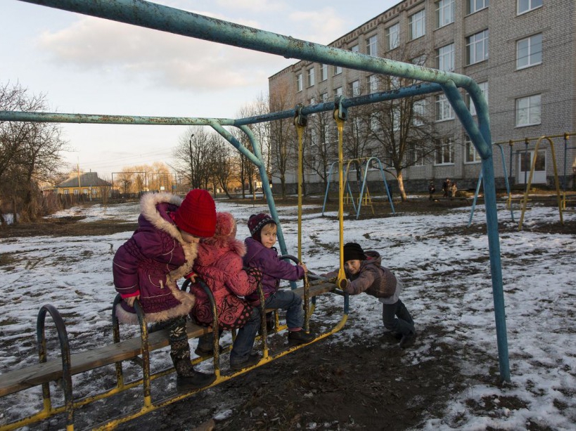 Children at the school's playground. Narodichi, UKRAINE - 27/02/2016. /VALEROQUINTINA_UKR.018/Credit:Quintina Valero/SIPA/1604112020